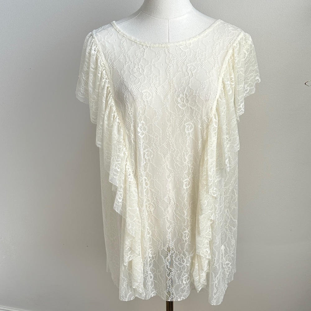 Women’s Short Sleeve‎ Sheer Floral Lace Ruffled Whimsical Romantic Blouse Top 1X
